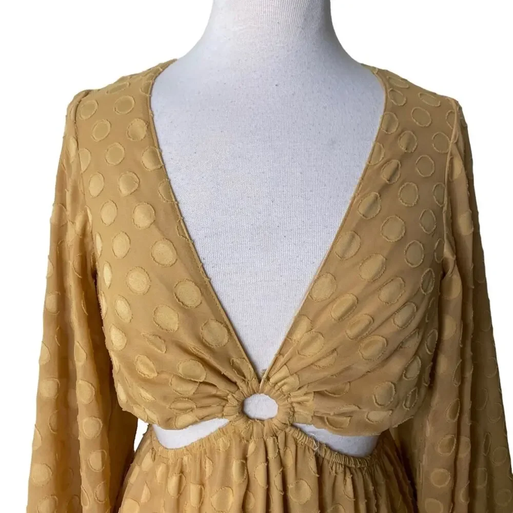SHOW ME YOUR MUMU Go Out Cut Out Maxi Dress Gold Dot Long Sleeves Boho Medium - Picture 4 of 14